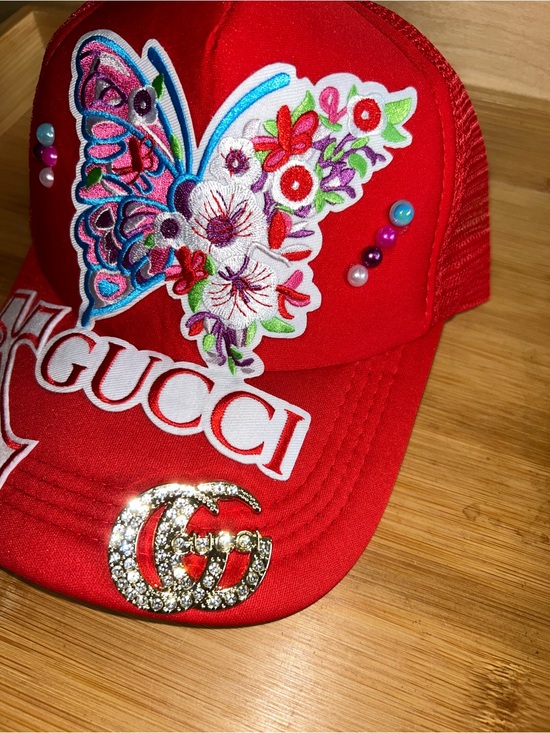 Customized Trucker Junk Hat in  Red with Butterfly Patch and GG brooch.